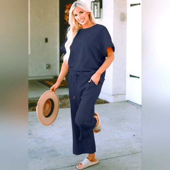 Double Take Full Size Texture Round Neck Ruffle Sleeve Top and Shorts Set main image 1